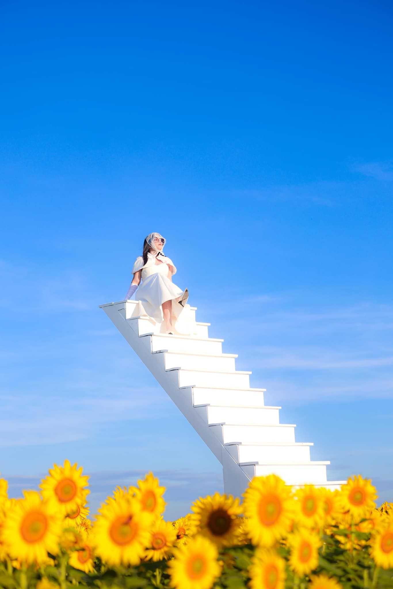 A woman is sitting on top of a white staircase in a field of sunflowers.
