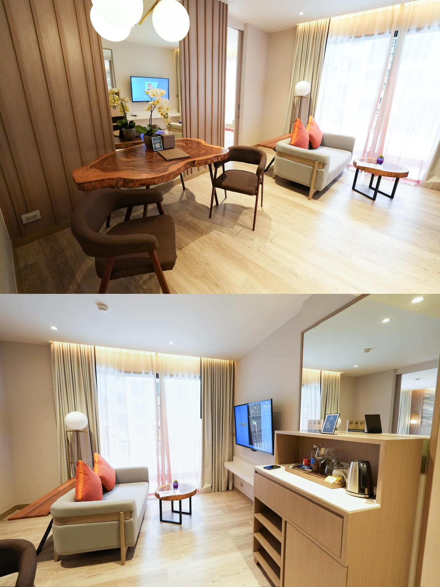 Two pictures of a living room and dining room in a hotel room.