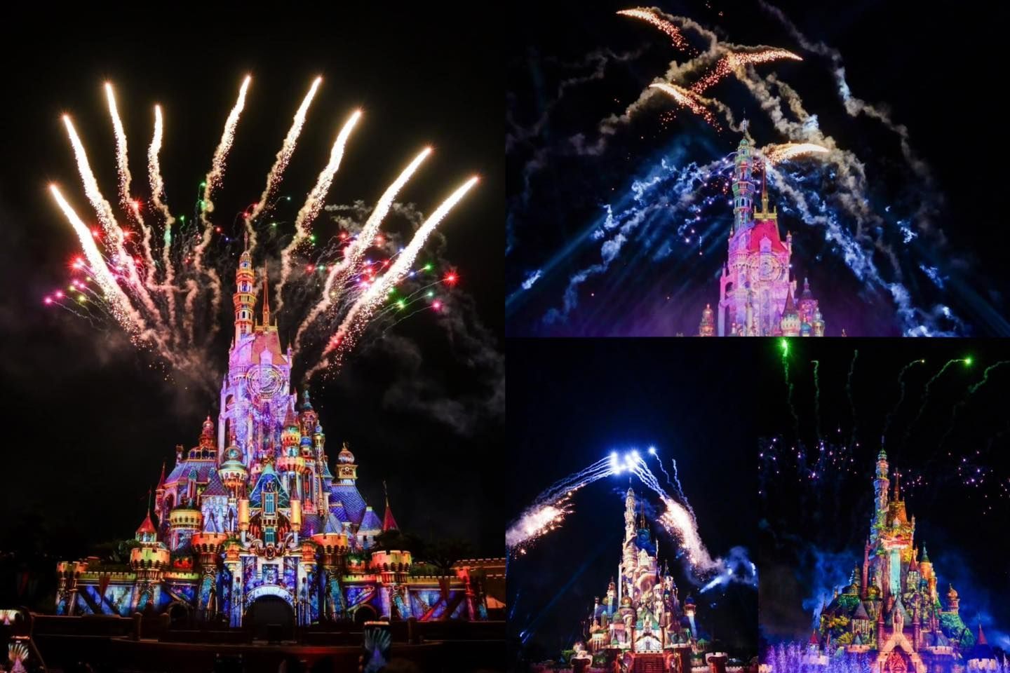 Fireworks explode over Cinderella's Castle at Disney World, with colorful lights illuminating the castle.