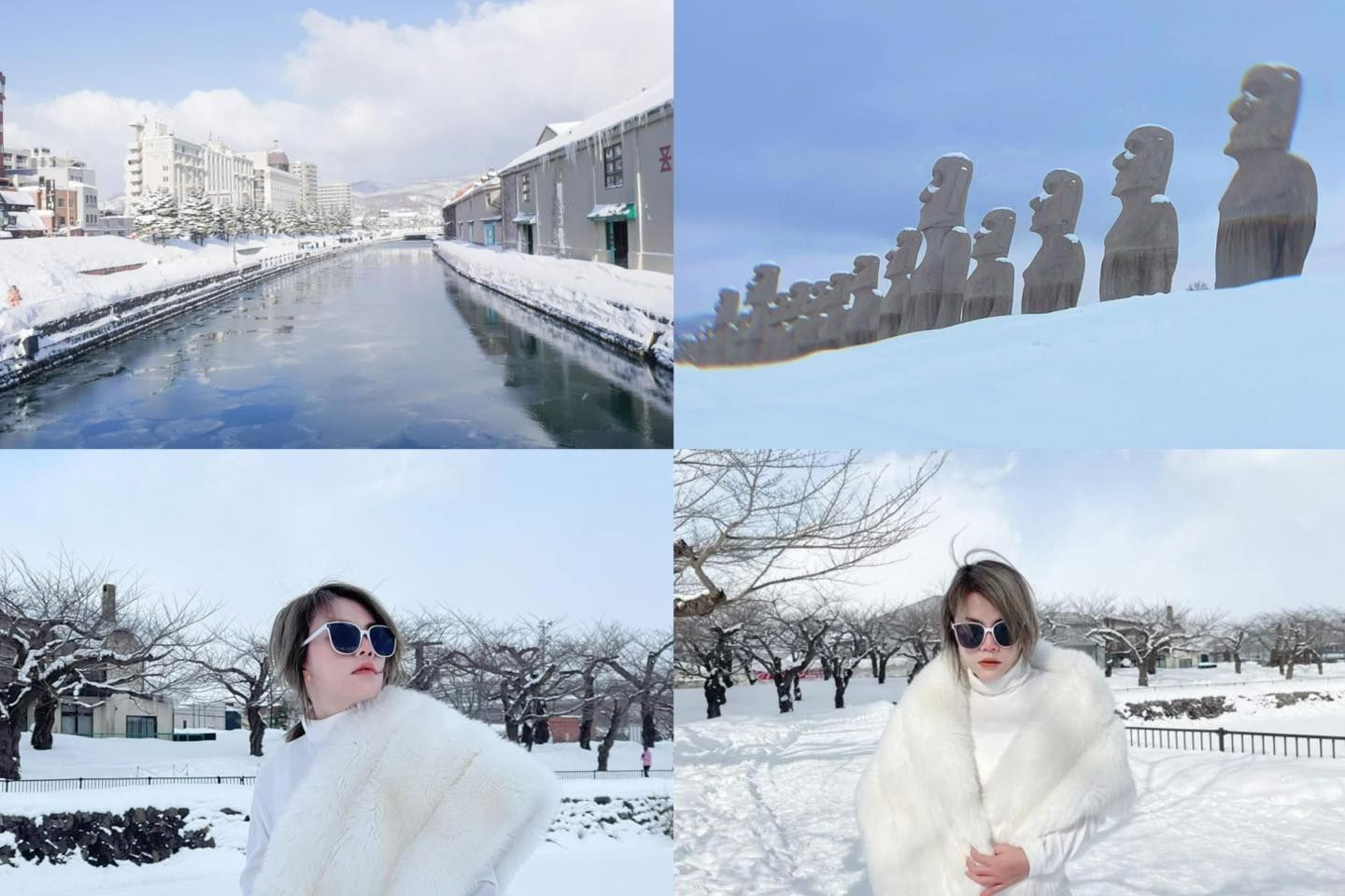Winter scenes: Snowy canal, Moai statues, woman in fur coat.