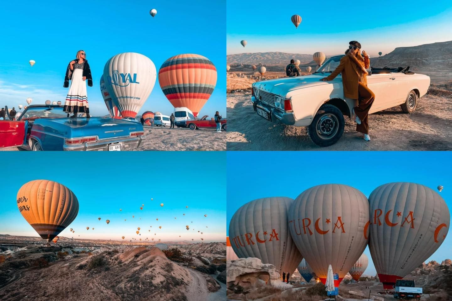 Four photos of hot air balloons over a desert landscape. People pose near cars. Blue sky.