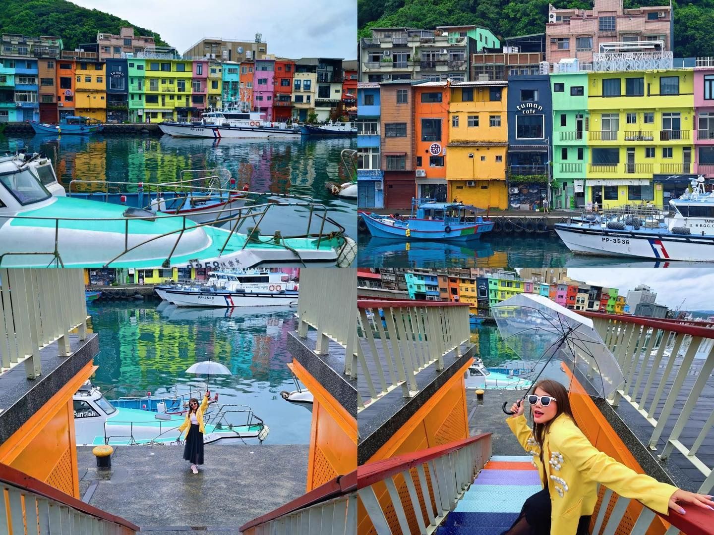Colorful buildings line a harbor with boats; woman in yellow jacket poses on rainbow steps.