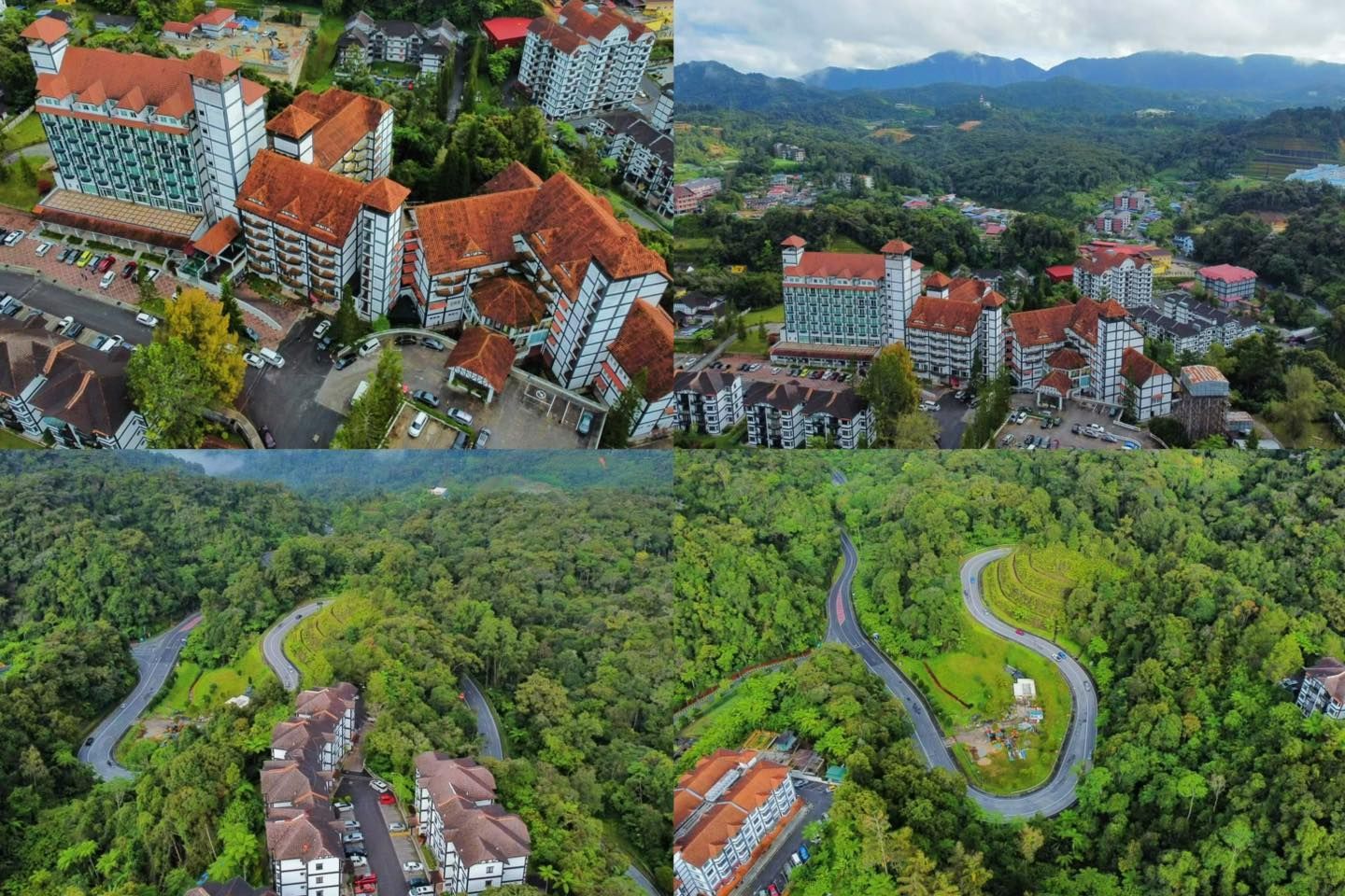 Four aerial views of a resort with red-roofed buildings surrounded by lush green forest and winding roads.