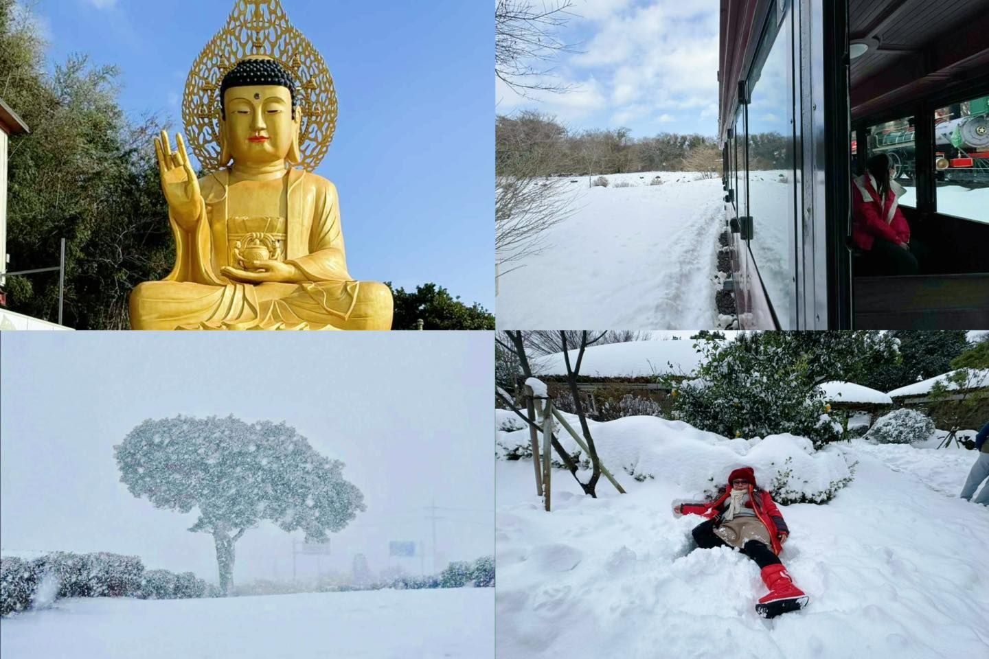 Golden Buddha statue and snow-covered landscapes: winter scenery with a person in snow.