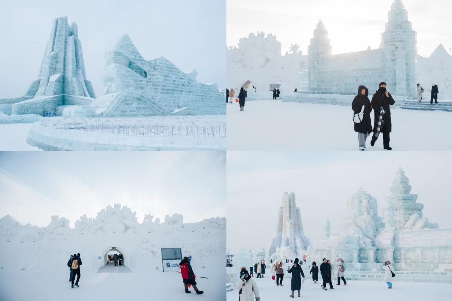 Ice sculptures and visitors in Harbin, China. Snowy, overcast day.