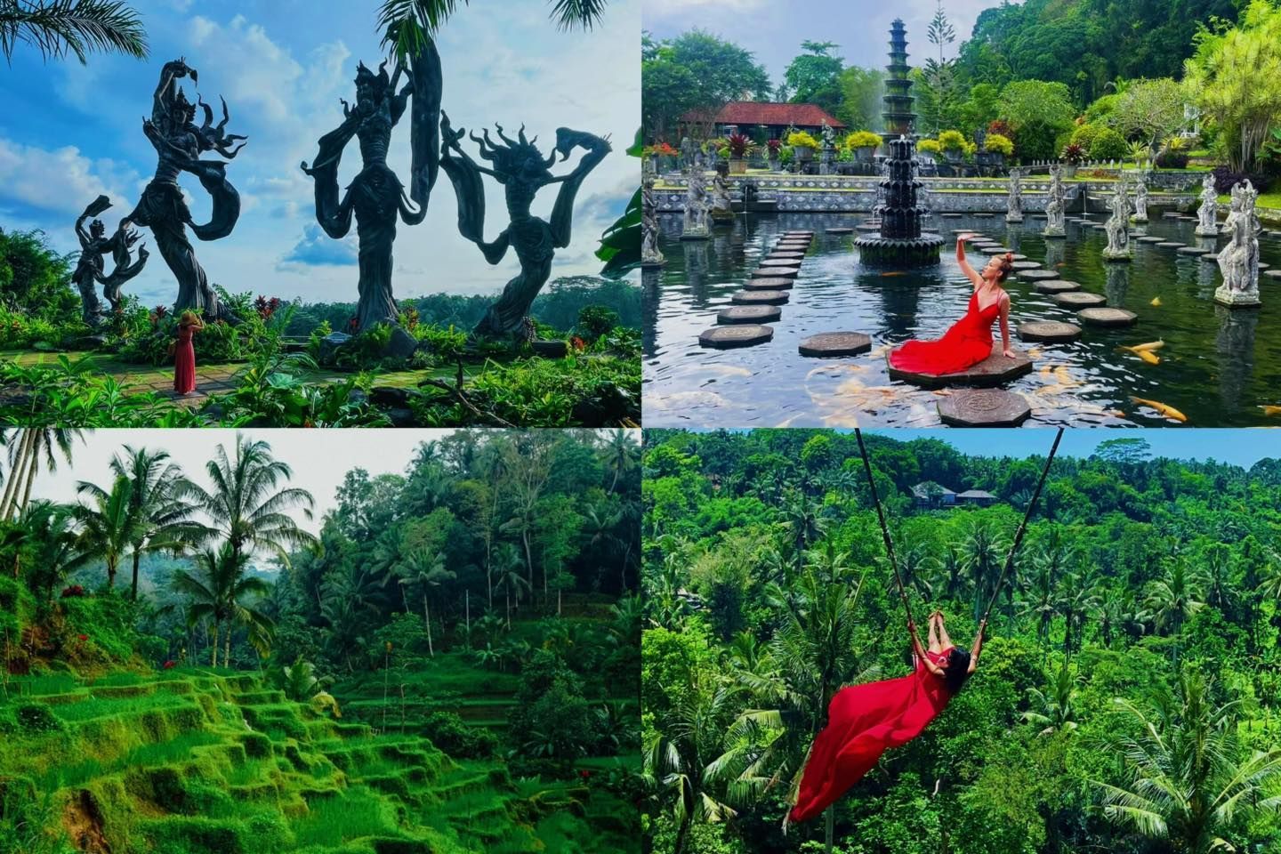Four scenes: sculptures, woman in red dress in a pond, rice terraces, woman on swing in lush green jungle.