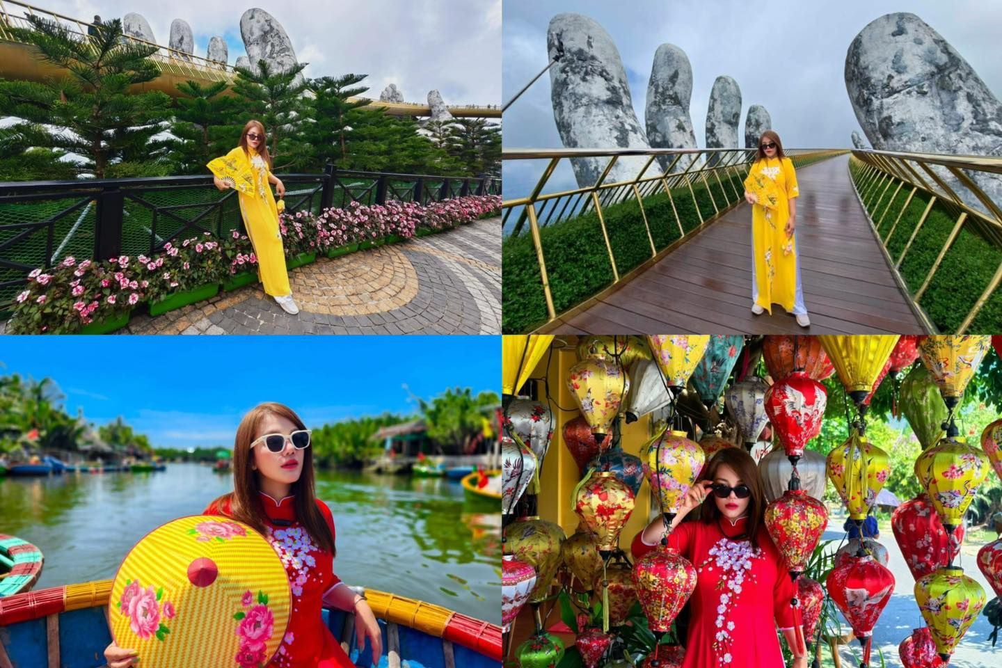 Four photos of a woman in Vietnam. She wears yellow and red outfits, posing by landmarks like the Golden Bridge and colorful lanterns.