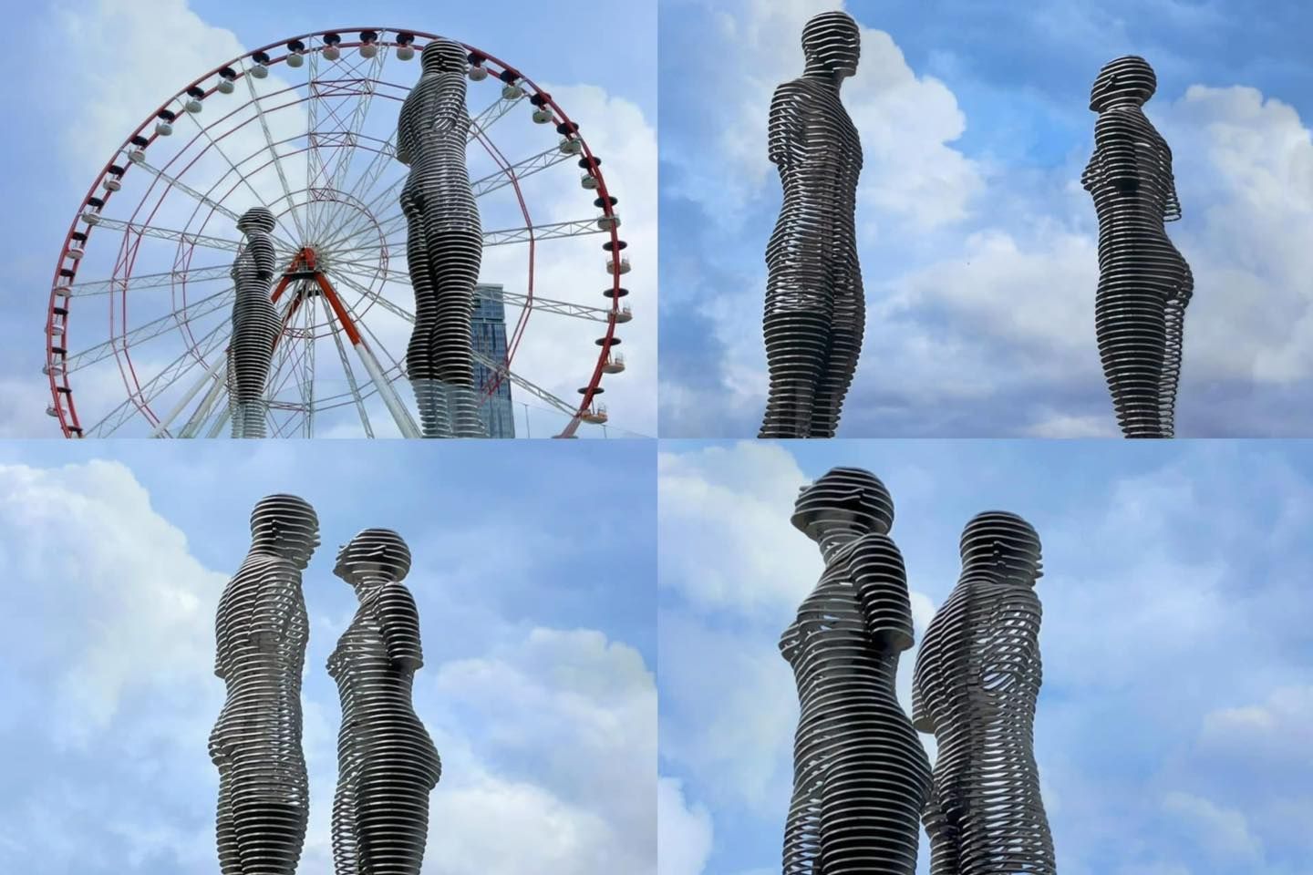 Metal statues of a man and woman, next to a Ferris wheel, in front of a cloudy sky.