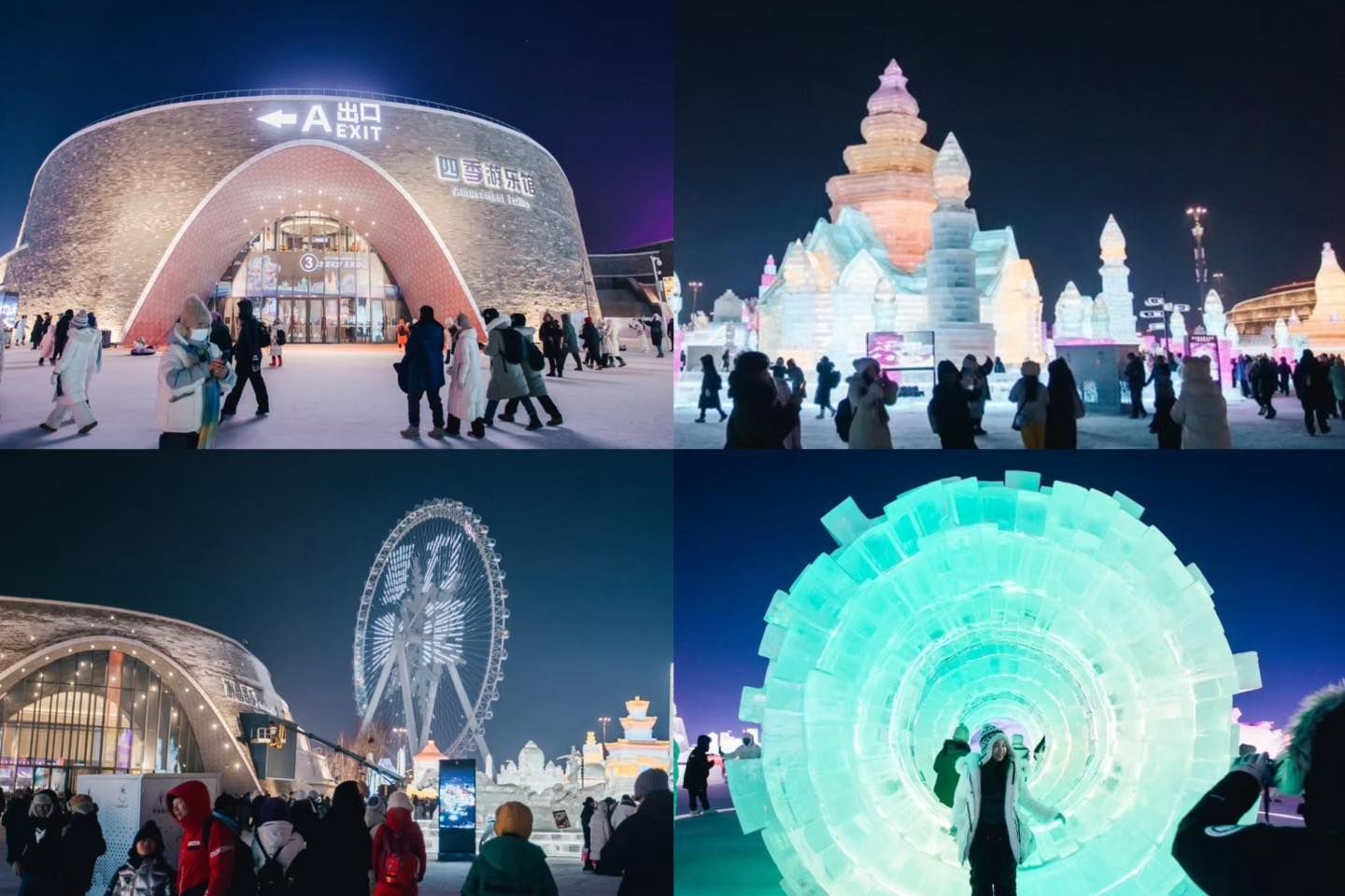 Four nighttime scenes: Ice sculptures and Ferris wheel illuminated at a winter festival in Harbin, China.