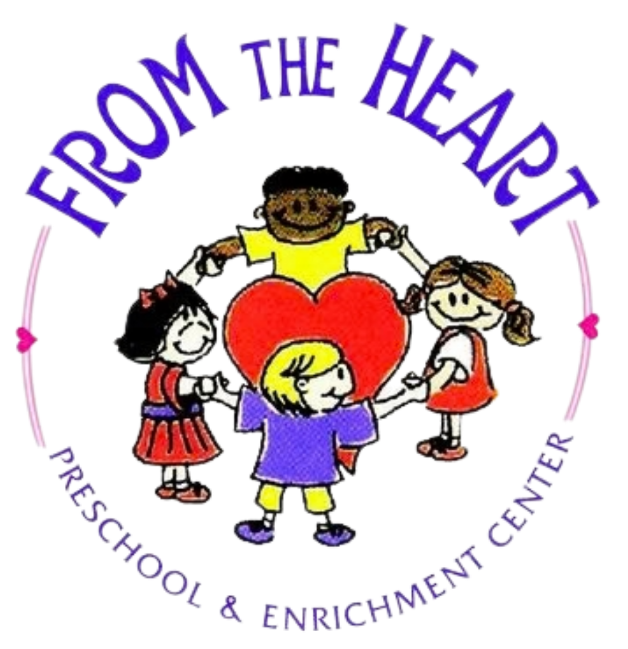 Children holding hands around a heart; logo for "From The Heart Preschool & Enrichment Center".