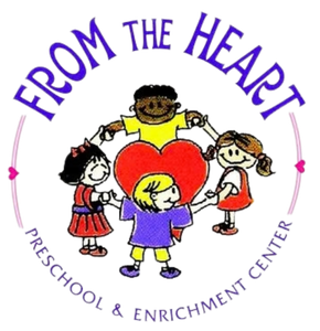 Children holding hands around a heart; logo for "From The Heart Preschool & Enrichment Center".
