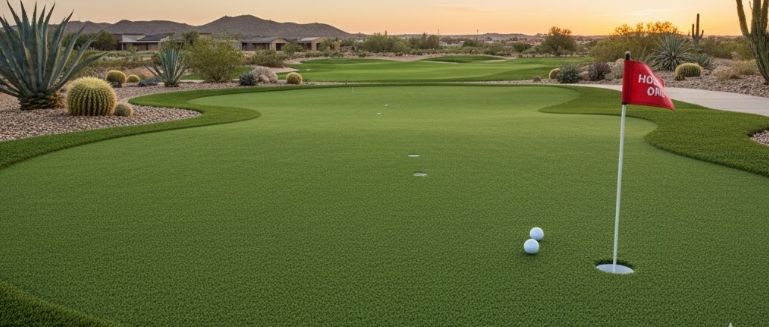 Professional backyard putting green with golf balls near the hole.