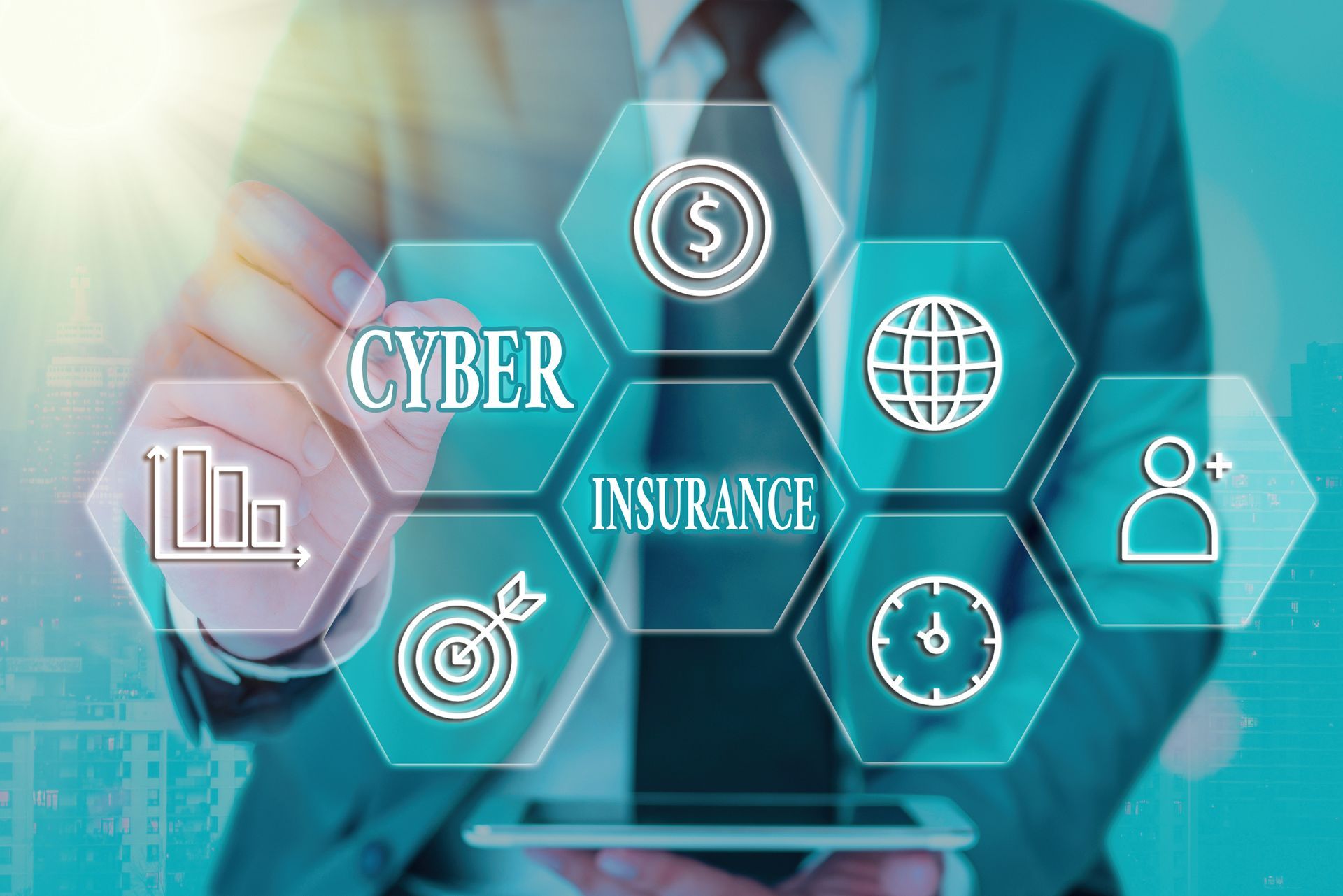 A man in a suit and tie is holding a tablet with a cyber insurance icon on it.