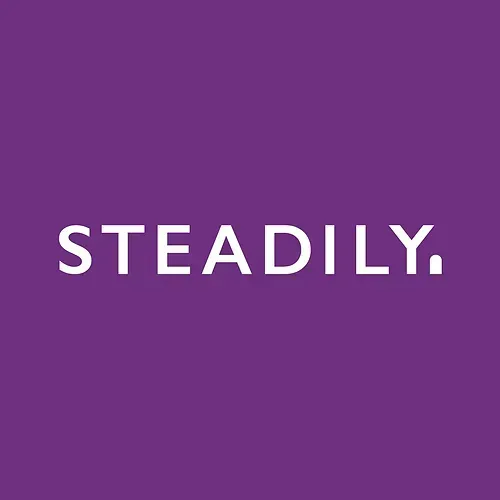 The logo for steadily is on a purple background.