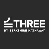 The logo for three by berkshire hathaway is white on a black background.