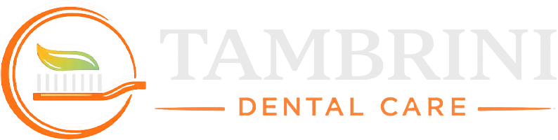 Tambrii Dental Care logo with orange sun and leaf icon and gray text