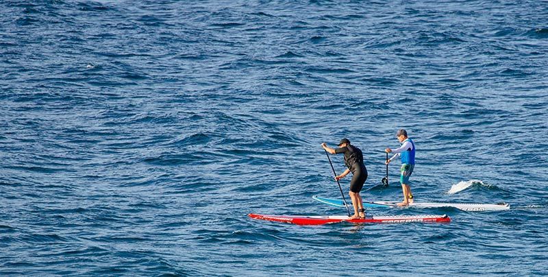 Two people are riding paddle boards in the ocean.