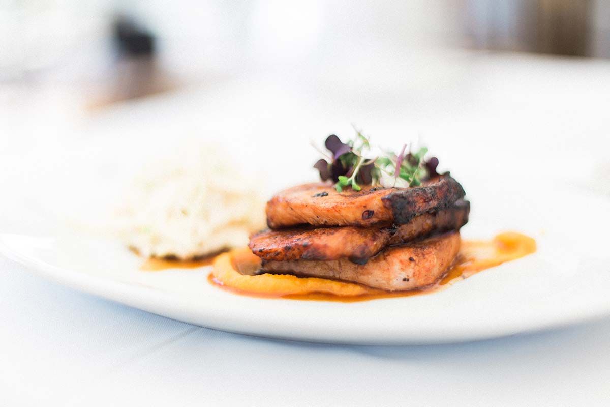 A close up of a plate of food on a table.