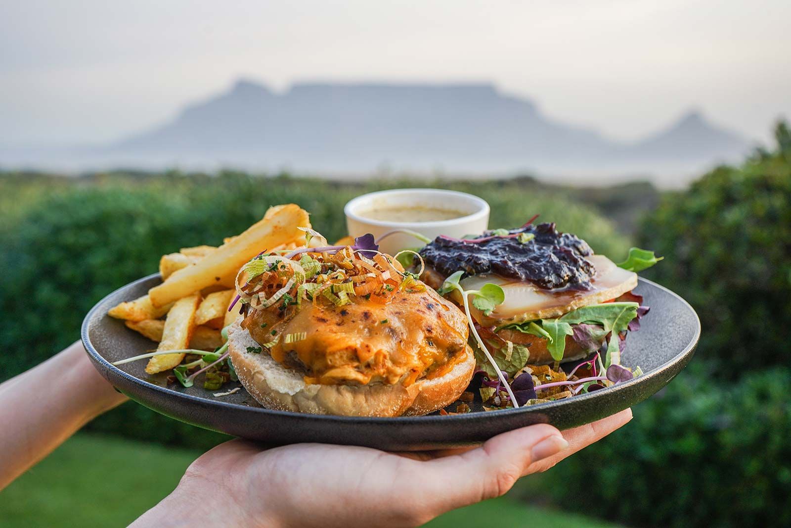 A person is holding a plate of food with a mountain in the background.