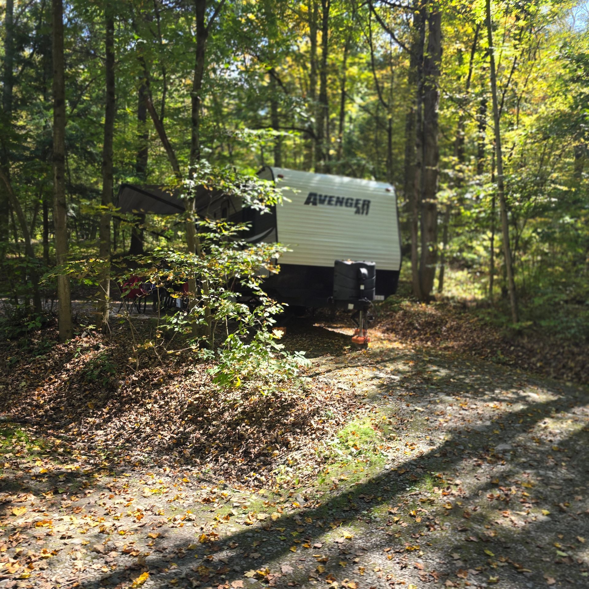 Camper trailer parked in a wooded campsite, trees surround it, and sunlight shines through.