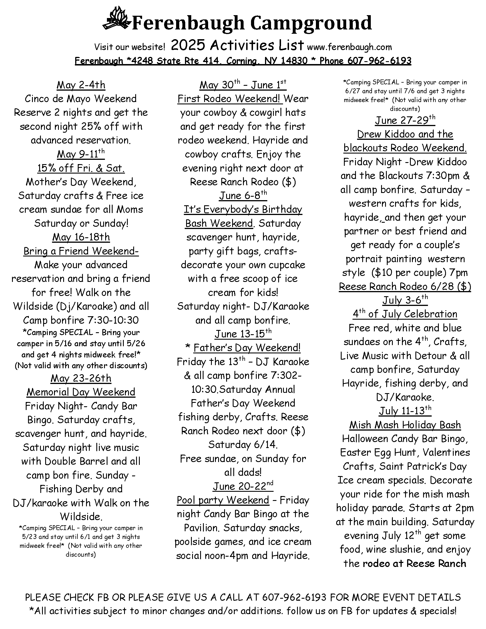 Announcement for Aferenburgh Campground, events, activities, and details for visitors.