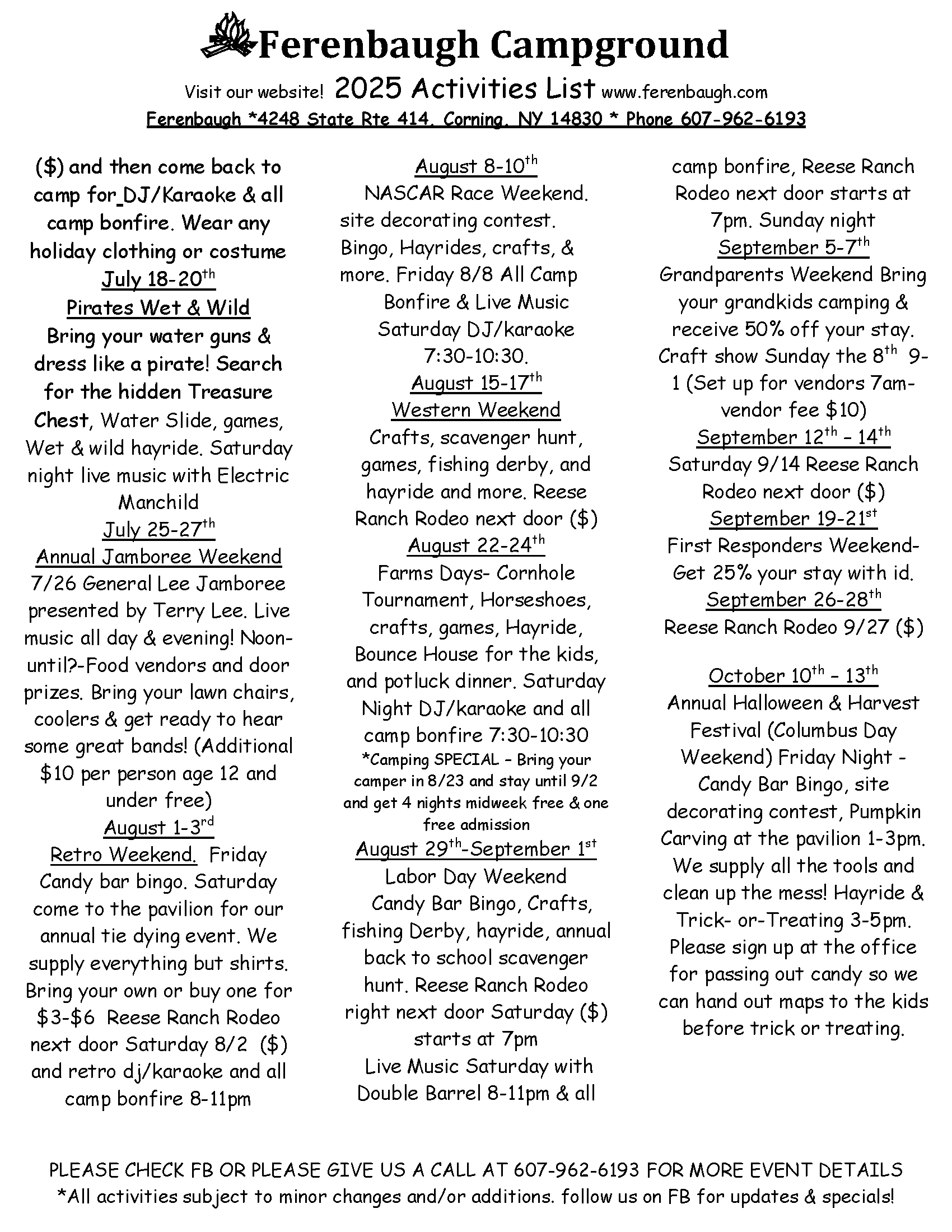 Flyer for Aferenbauch Campground, listing events, activities, and contact information.