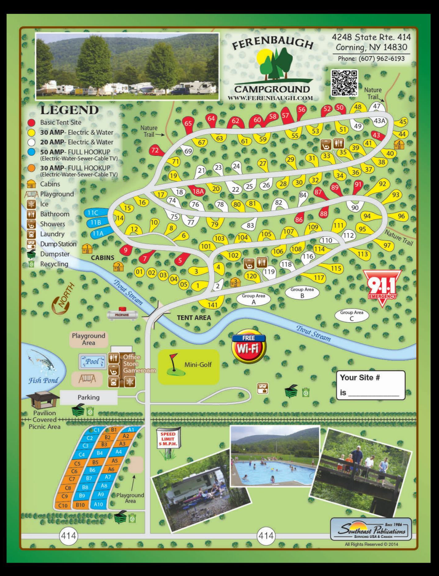 Campground map: Shows campsites, amenities like playground, pool, and stream, along with surrounding wooded areas.