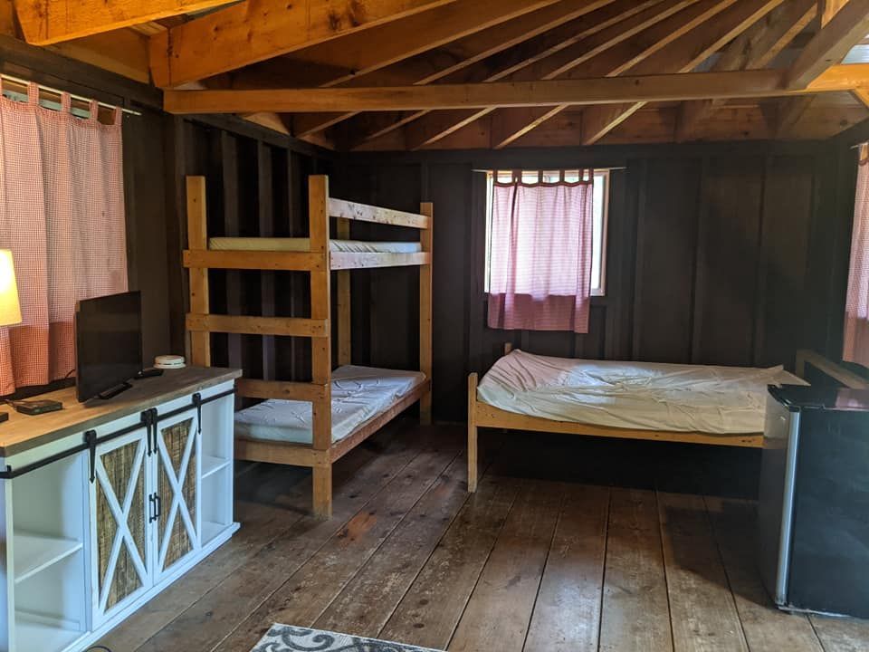 Cabin interior: bunk beds, double bed, TV on a white cabinet, wood floors, brown walls, pink curtains.