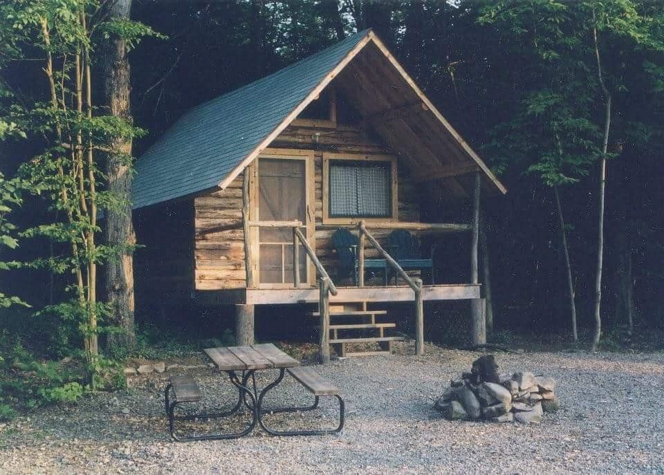 Log cabin with porch, picnic table, and fire pit in wooded area.