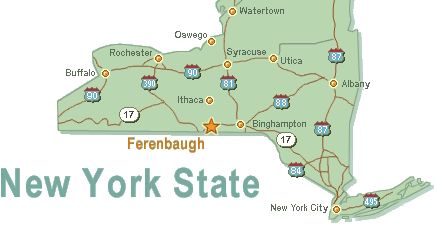Map of New York State with major cities and highways labeled, with the word