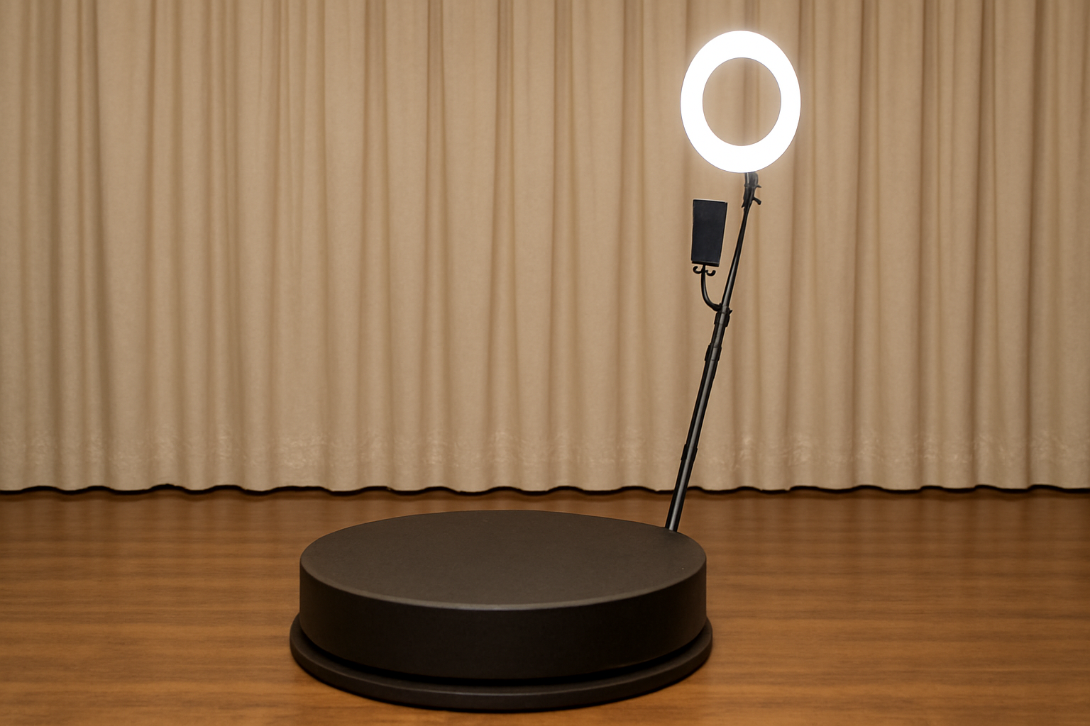 A round object with a ring light attached to it is sitting on a wooden floor in front of a curtain.