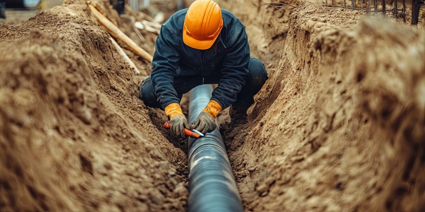 A man is kneeling in the dirt working on a pipe.