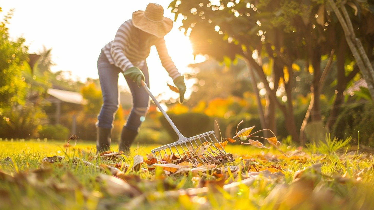 A woman is raking leaves in a garden at sunset.