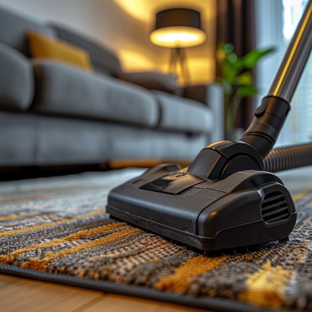 A vacuum cleaner is sitting on top of a rug in a living room.