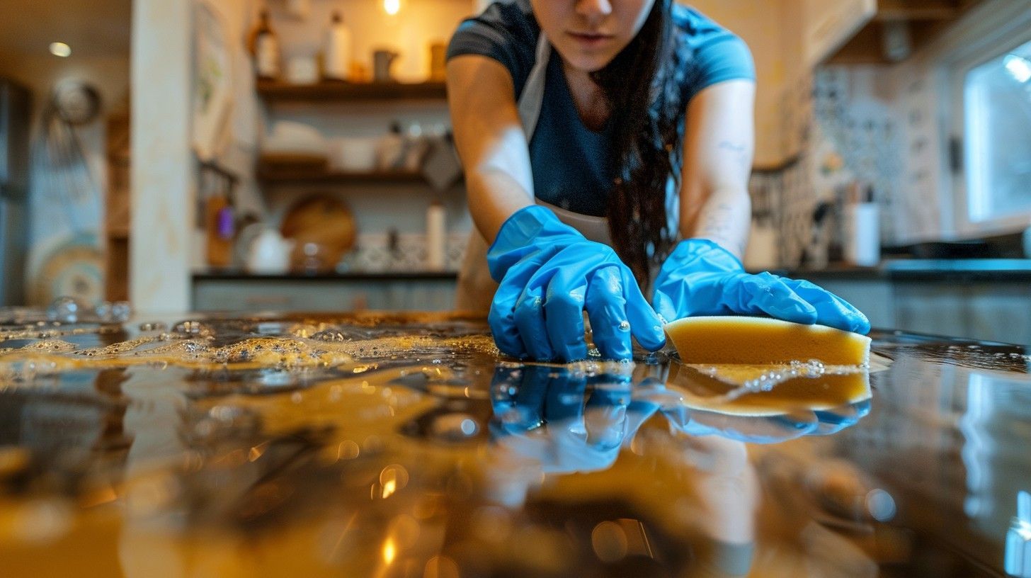 A woman is cleaning a flooded kitchen counter with a sponge.