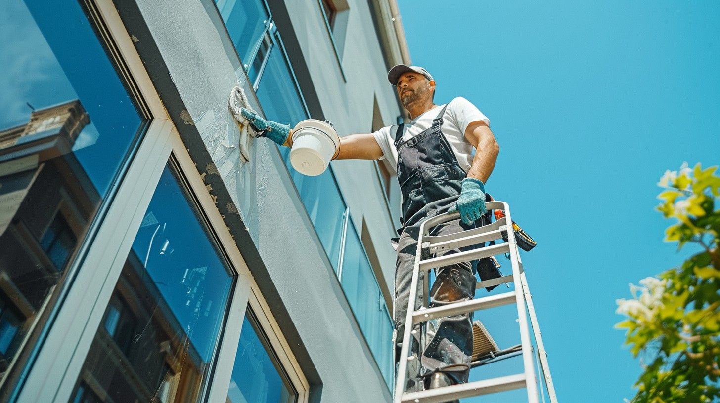 A man is standing on a ladder painting a building.