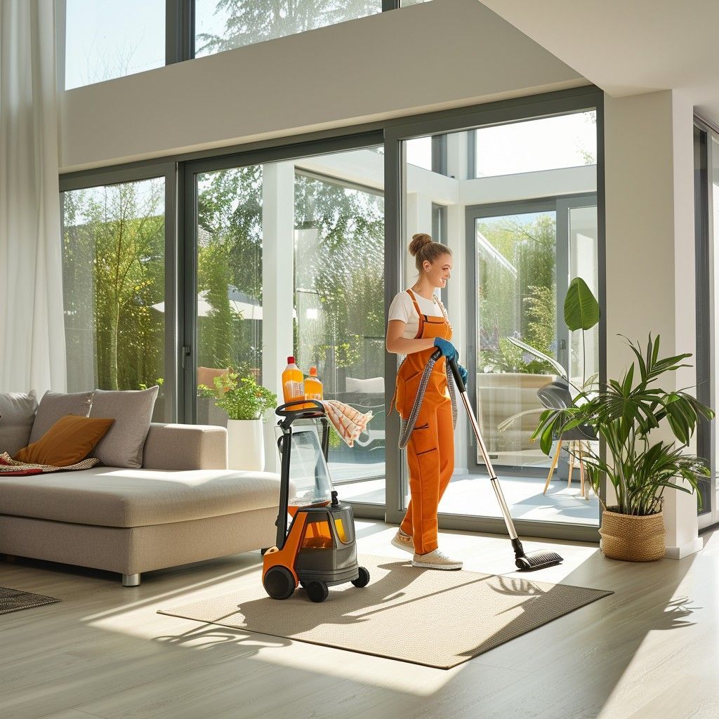 A woman is cleaning a living room with a vacuum cleaner.