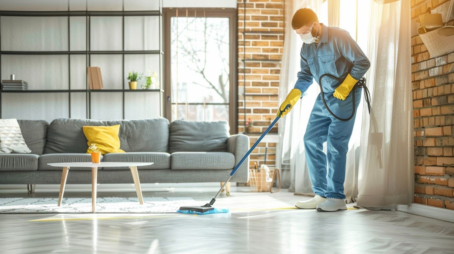 A man is cleaning the floor of a living room with a mop.