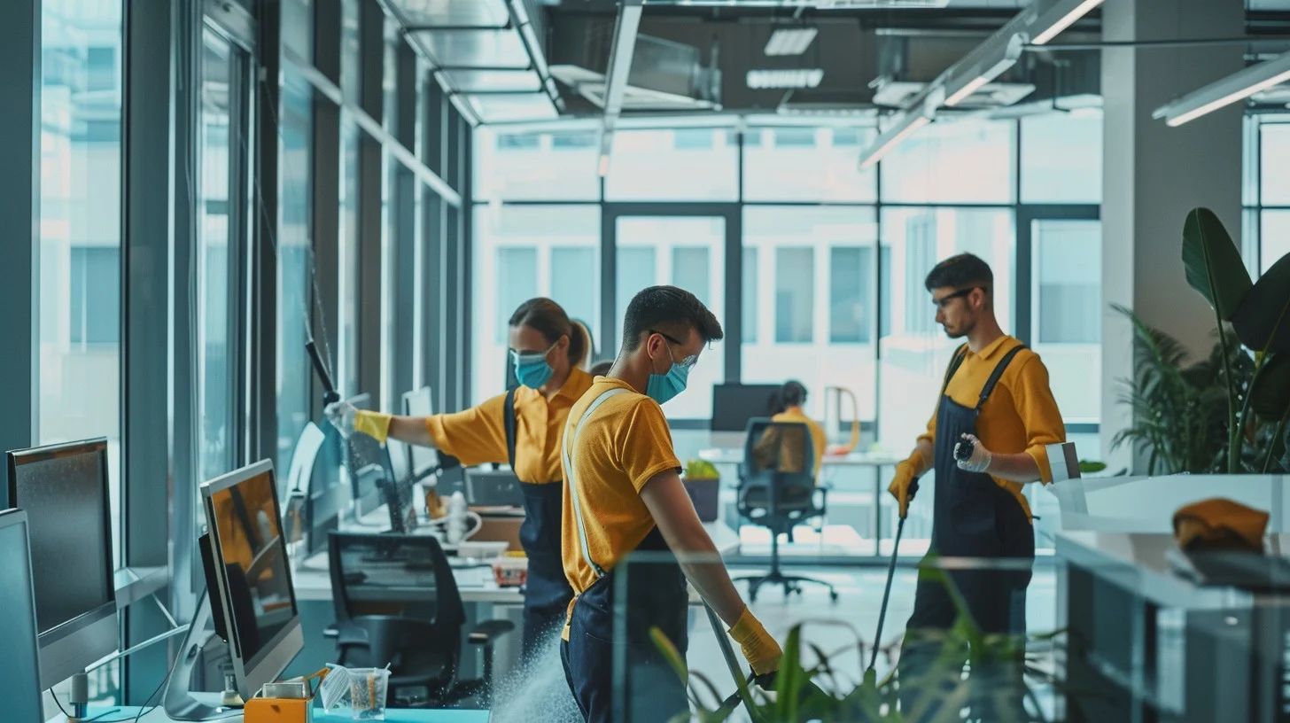 A group of people wearing masks are cleaning an office.