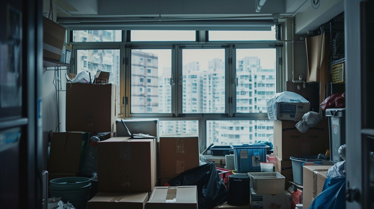 A room filled with lots of boxes and a window.
