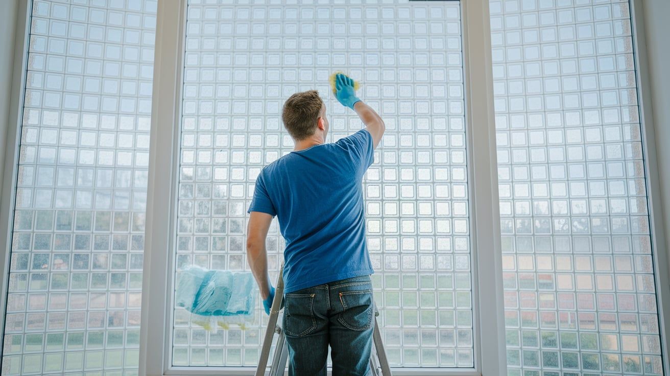 A man is standing on a ladder painting a building.
