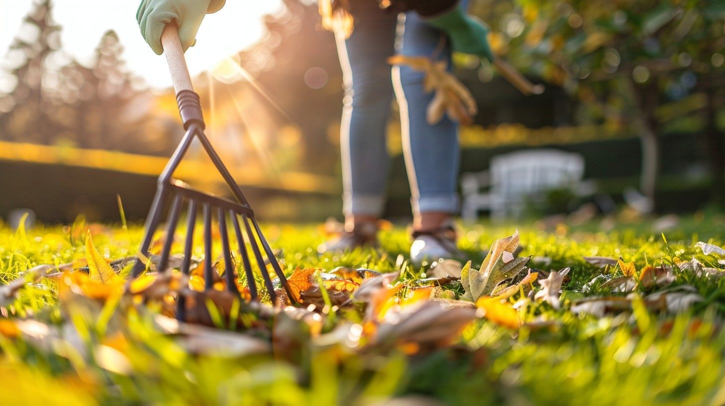 A person is raking leaves in a yard with a rake.