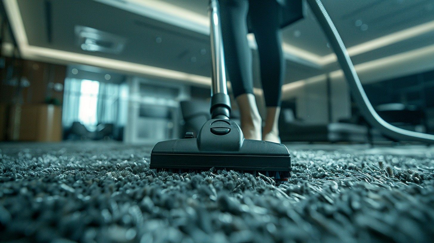 A woman is using a vacuum cleaner to clean a carpet.