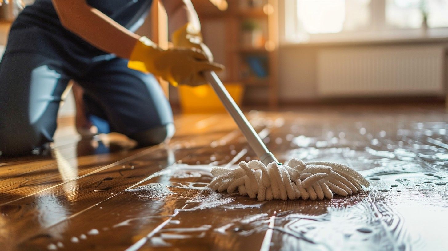 A person is cleaning a wooden floor with a mop.
