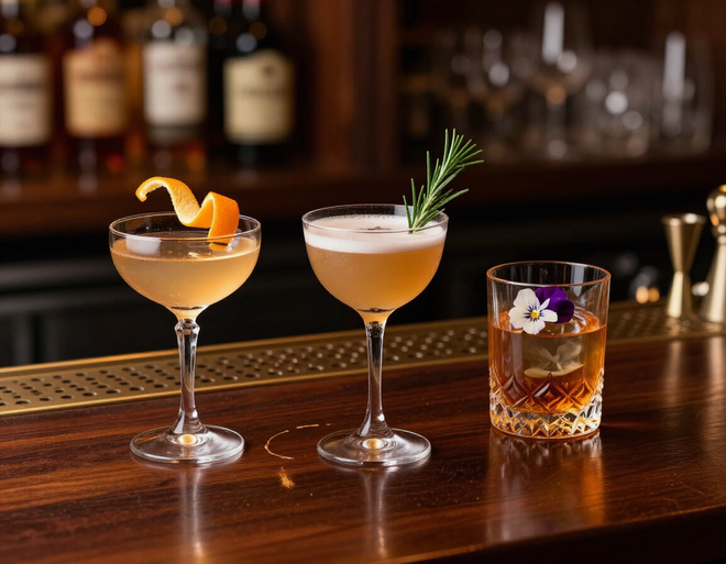 Cocktail signature serviti su un bancone elegante con luci calde.