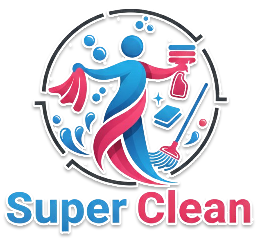 Logo of a person cleaning with red and blue colors.  The text "Super Clean" appears at the bottom.