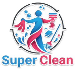Logo of a person cleaning with red and blue colors.  The text "Super Clean" appears at the bottom.