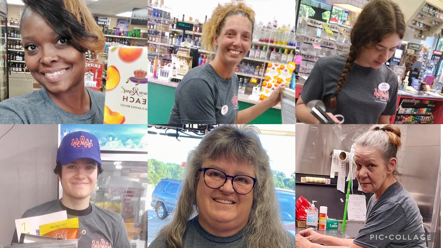 A collage of photos of women in a pharmacy.