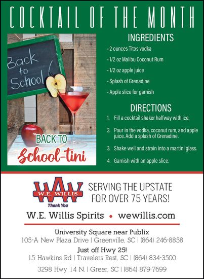 A poster for a cocktail of the month called back to school tini