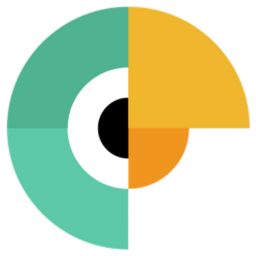 Geometrisch logo met vlakken in turquoise, geel, oranje en wit, met in het midden een zwarte cirkel.